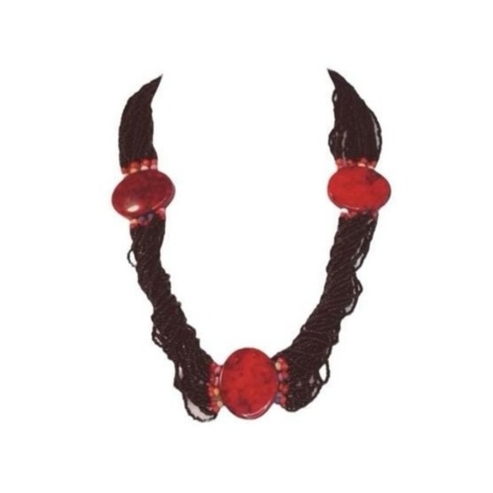 Vintage Beaded Statement Necklace Red Black Tribal Seed Beads Chunky Plastic Sto